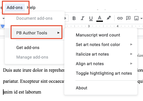 Google Docs Extensions menu with PB Author Tools highlighted