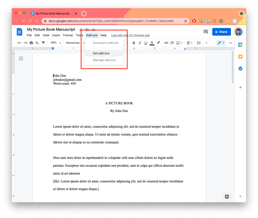 Google Docs Add-ons menu with Get add-ons highlighted