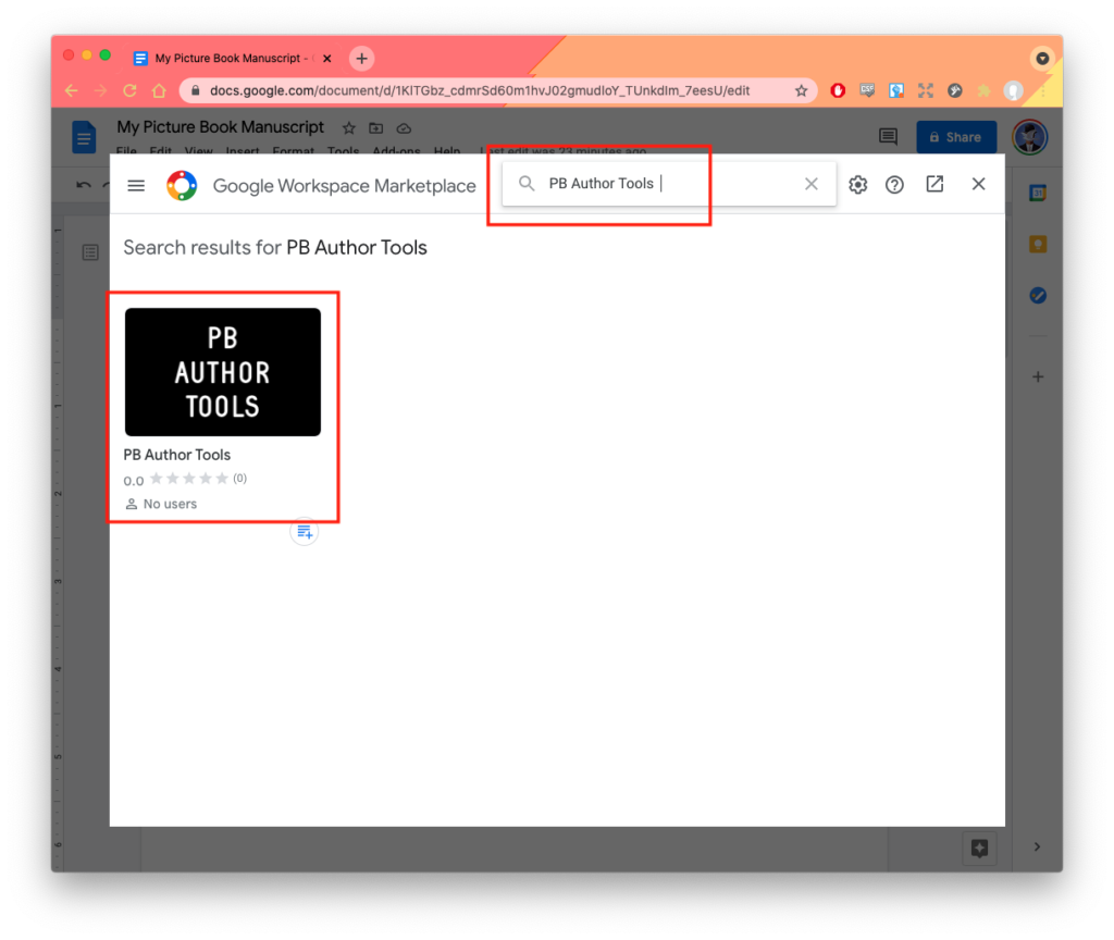 PB Author Tools listing in the Google Workspace Marketplace search results