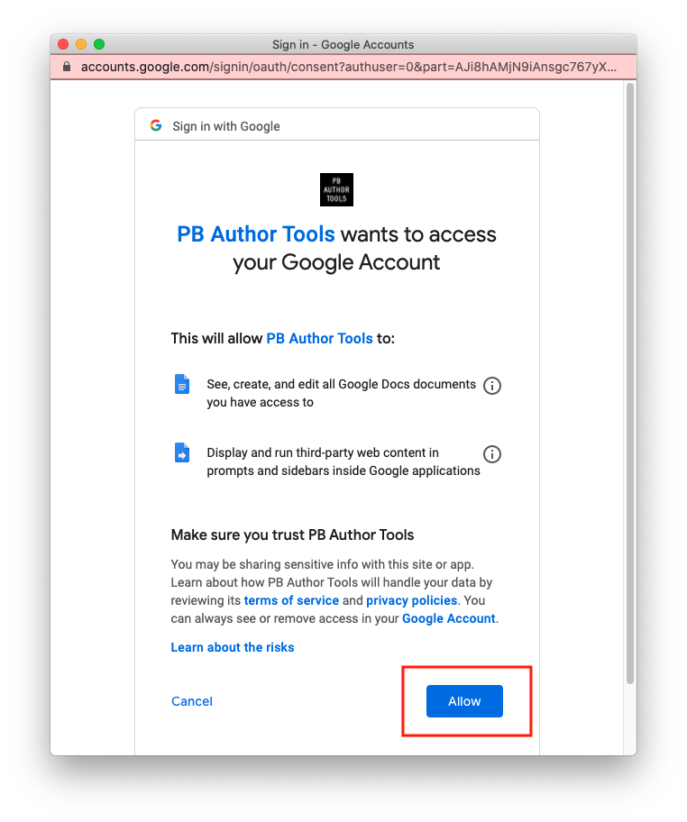 Google Workspace permission prompt for PB Author Tools