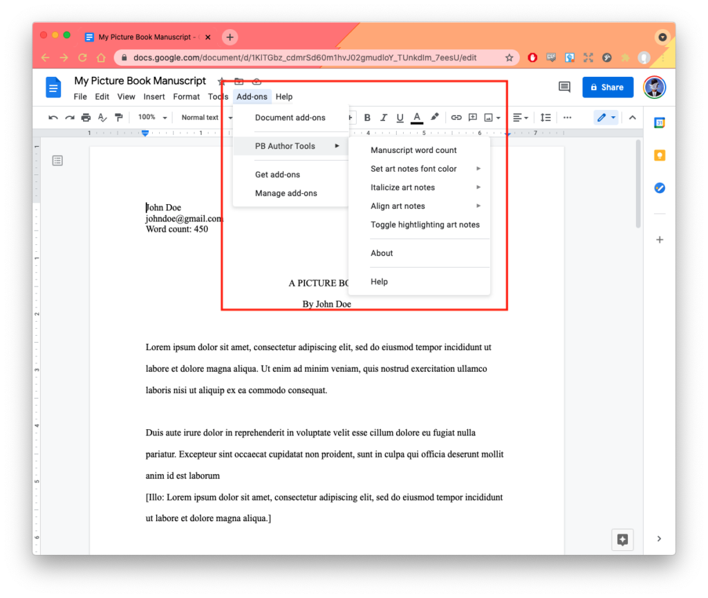 PB Author Tools entry inside the Google Docs Add-ons menu