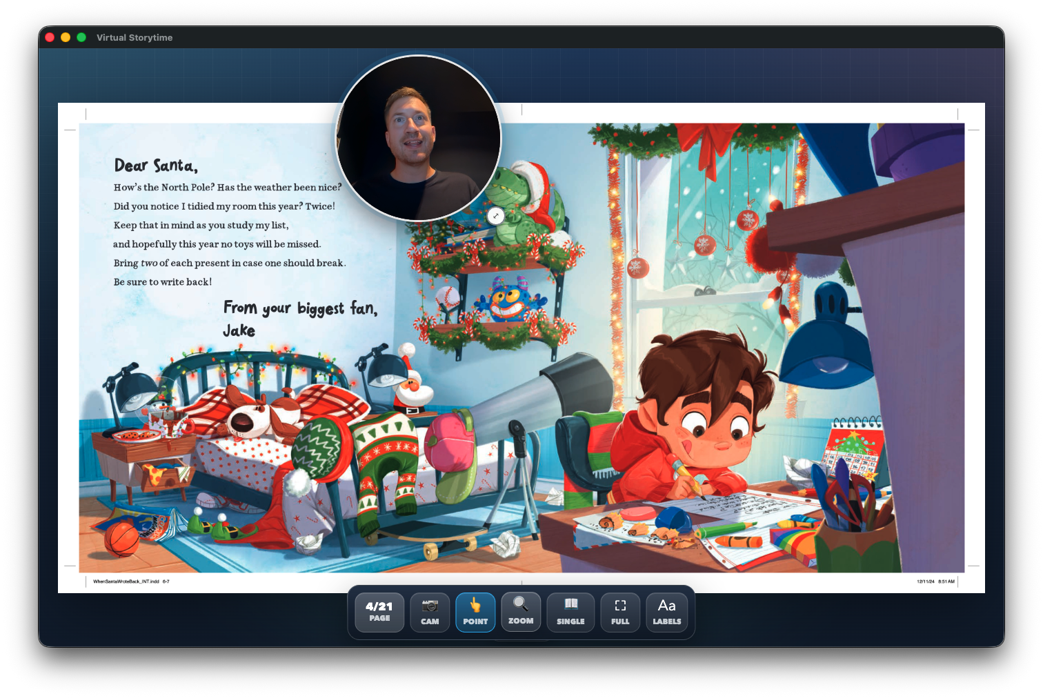 Virtual Storytime showing a picture book spread with webcam overlay, zoom indicator, and presentation controls